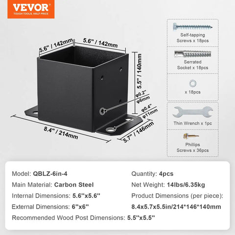 6x6 Post Base Kit Four Pack With 5.6 By 5.6 Inch Inner Size Heavy Duty Powder Coated Matte Black Post Anchor Bracket For Wood Posts Deck Railing And Pavilion Support