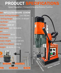 Powerful 1550W Magnetic Drill Press With 3102 Lbf Holding Power For Core, Tapping And Drilling, Portable 2 Inch Boring Diameter Metalworking Machine, 760 RPM showing specifications and included tools.