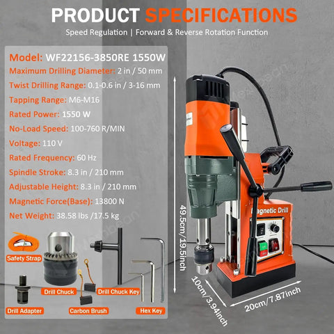Powerful 1550W Magnetic Drill Press With 3102 Lbf Holding Power For Core, Tapping And Drilling, Portable 2 Inch Boring Diameter Metalworking Machine, 760 RPM showing specifications and included tools.
