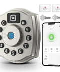 No Sweat Keyless Entry Smart Deadbolt With Fingerprint Scanning App Control showing keypad and smartphone interface for access.