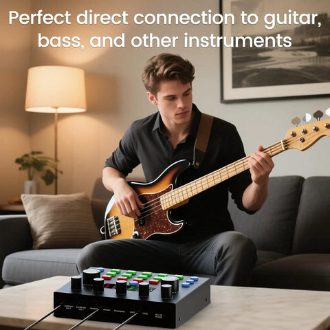 Musician using All In One Podcast Setup Bundle With Studio Grade Microphone And Voice Changer, Plug And Play Live Sound Card Audio Interface for guitar connection in living room.