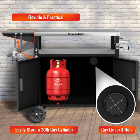 Outdoor Grill Cart With Cabinet And Locking Wheels, Extra Wide Stainless Steel Prep Table, Large Spice Rack, Weatherproof Kitchen Island For BBQ, Cooking And Prep Station with gas cylinder storage