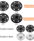 20 Sets Of 21mm Snap Buttons For Fabric And Clothes Metal Sew On Snaps Heavy Duty Snap Fasteners For Sewing Jackets Shirts DIY Crafts In Black And Silver Kit. Black and silver snap button set with top and bottom view.