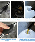 Collage showing 3/8 Inch Nylon Braided Marine Fuel Hose Line With Primer Bulb, 6 Feet, Ethanol Compatible, Low Permeation Fuel Line Assembly With Stainless Clamps For Outboard Boats, RVs, Tractors And Caravans usage and connection details