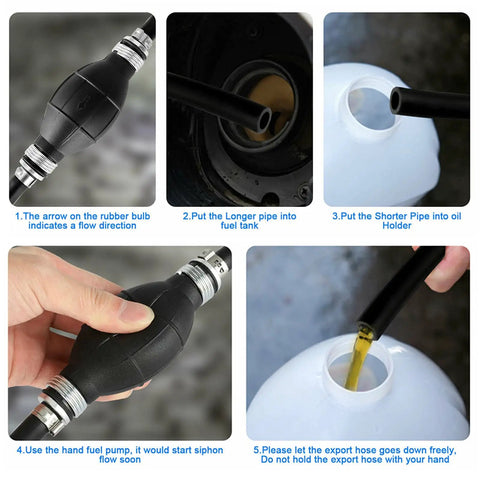 Collage showing 3/8 Inch Nylon Braided Marine Fuel Hose Line With Primer Bulb, 6 Feet, Ethanol Compatible, Low Permeation Fuel Line Assembly With Stainless Clamps For Outboard Boats, RVs, Tractors And Caravans usage and connection details