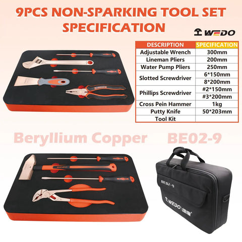 9 Piece Non Sparking Tool Set with Beryllium Copper Tools, adjustable wrench, pliers, screwdrivers, and hammer in case