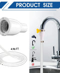 No Sweat Faucet Hose Adapter With Adjustable Ring For Kitchen Sink And Garden Spraying Heavy Duty Reinforced Tube setup with measurement details.