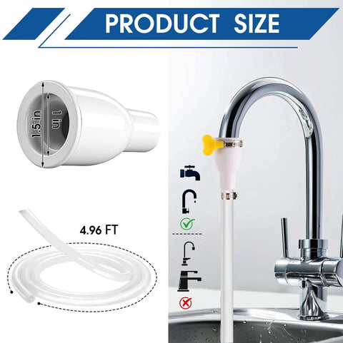 No Sweat Faucet Hose Adapter With Adjustable Ring For Kitchen Sink And Garden Spraying Heavy Duty Reinforced Tube setup with measurement details.
