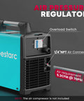 Dual Voltage Pilot Arc Plasma Cutter for Home Workshop Garage with air pressure regulator, overload switch, and air connector