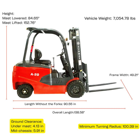 Electric Forklift A20 4,400 Lb Capacity, 118 Inch Lift Height side view with specs and measurements