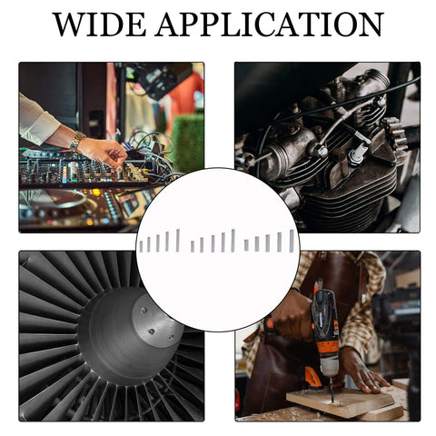 Wide application collage of uses for Built Tough 300 Piece Stainless Steel Dowel Pins Set in various machinery and DIY projects.
