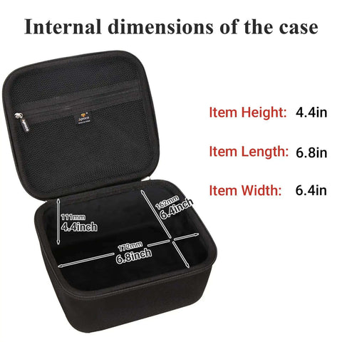 Internal dimensions of Grab And Go Travel Case Built Different For Voolls Mini Projector with pockets and measurements.