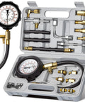 AUTOWN fuel pressure tester kit with dual gauges, brass adapters, hoses, and fittings in gray plastic case