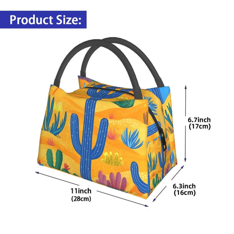 Desert Cactus Pattern Insulated Lunch Bag For Women And Men Reusable Leakproof Cooler Tote Portable Lunch Box dimensions shown