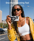 Woman using Fun Shot Magnetic Phone Grip Turns Your Smartphone Into a DSLR Style Shooter With Detachable Wireless Shutter Button