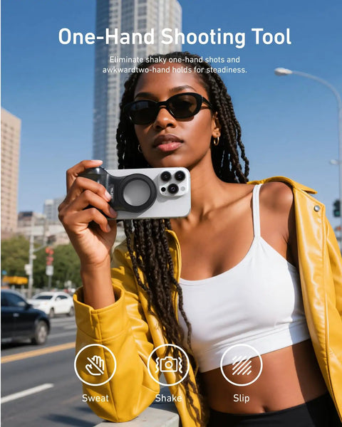 Woman using Fun Shot Magnetic Phone Grip Turns Your Smartphone Into a DSLR Style Shooter With Detachable Wireless Shutter Button