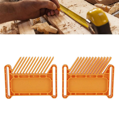 Heavy Duty Rock Solid Woodworking Featherboard Premium Steel Adjustable Stackable Safety Clamps For Table Saw Router Table Band Saw Save Knuckles And Workshop Flow Tight, orange dual featherboard clamps on a workbench.