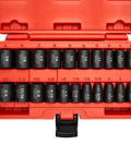 Three Eighth Inch Drive Impact Socket Set With 21 Shallow Sockets SAE Five Sixteenths To Three Quarters Inch And Metric Case