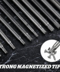 Tough As Nails 11 Piece Security Torx Bit Set Featuring Quarter Inch Hex Shank Magnetic Tamper Proof Star Drivers on dark background.