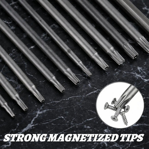 Tough As Nails 11 Piece Security Torx Bit Set Featuring Quarter Inch Hex Shank Magnetic Tamper Proof Star Drivers on dark background.