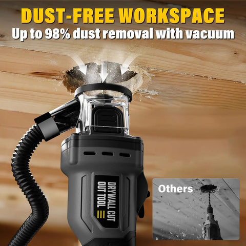 Cordless Drywall Cut Out Tool For 20V Batteries with dust removal vacuum shown cutting wood with clear collet