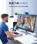 Person using Plug And Play 1080P HD Webcam Packs Dual Noise Killing Mics And Wide Angle Lens With Privacy Sliding Cover for video call.