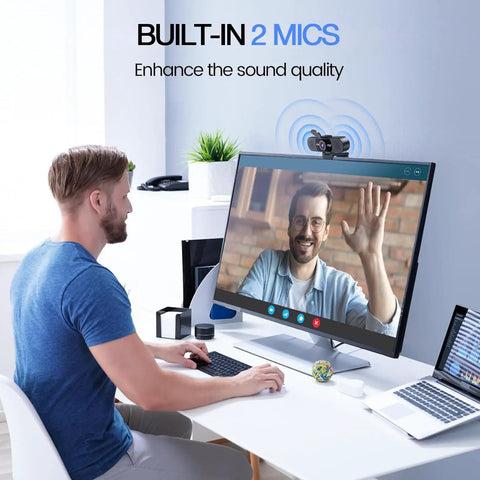 Person using Plug And Play 1080P HD Webcam Packs Dual Noise Killing Mics And Wide Angle Lens With Privacy Sliding Cover for video call.