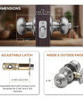 Heavy Duty Satin Stainless Interior Door Knob Set With Privacy Button 3 Pack, ANSI Grade 3, detailed dimensions and latch view