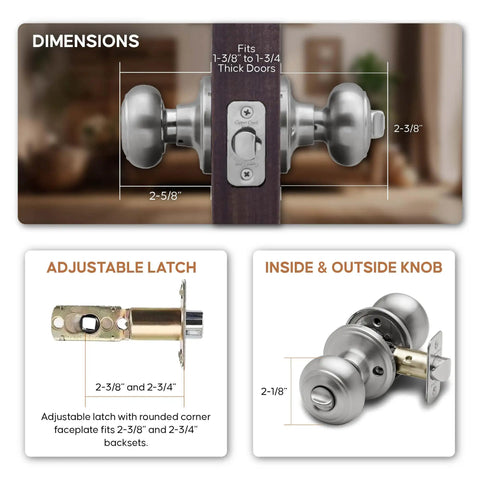 Heavy Duty Satin Stainless Interior Door Knob Set With Privacy Button 3 Pack, ANSI Grade 3, detailed dimensions and latch view