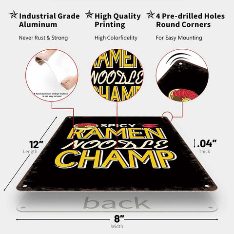 Ramen Obsessed Vintage Metal Tin Sign Wall Art 8x12 Inch showing spicy ramen noodle champ text with predrilled holes and aluminum highlights