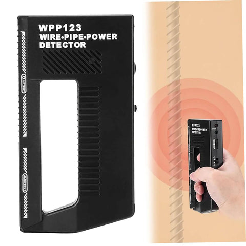 Wire Pipe Power Detector, Adjustable Alert Stud Finder Wall Scanner being held, 5.8x3.1 inch plastic design for easy wall scanning.
