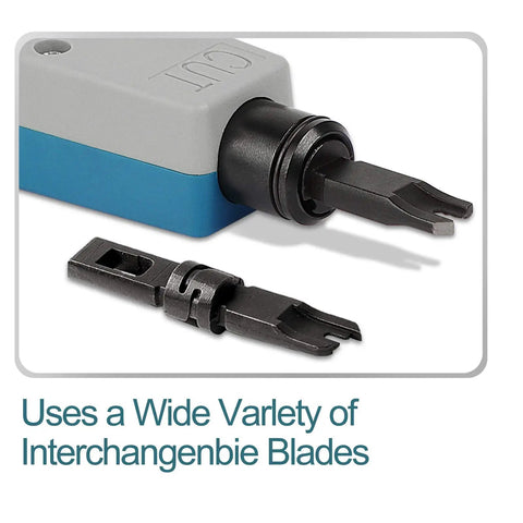 Impact Punch Down Tool With Enlarged Blade Storage For 110/66 Blades showing interchangeable blades