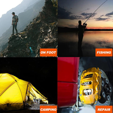 Rechargeable Magnetic LED Flashlight 1000 Lumens with 6 Modes in action: hiking, fishing, camping, garage work