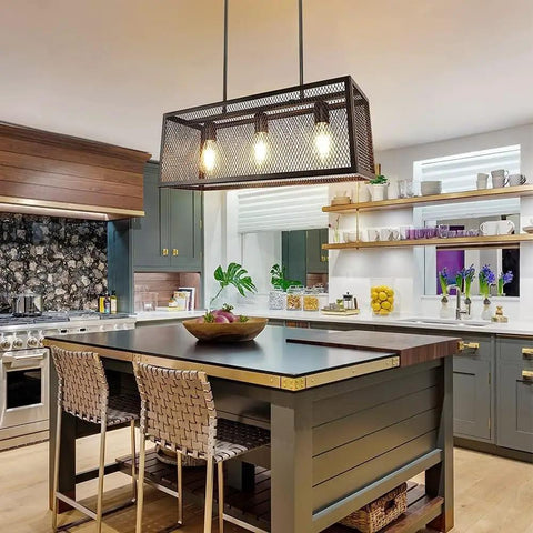 Modern kitchen with Black Lantern Pendant Light Fixture With Adjustable Cord For Foyer Kitchen Island Bar Rustic Farmhouse Chandelier Open Air Metal Cage Frame One Light Design Go To Way To Create A Welcoming Entryway Hallway Dining Space above island.