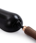 Garden Scoop Shovel For Transplanting And Planting Stainless Steel Do It All Hand Digging Tool With Wide Bowl Small Garden Shovel For Home Garden Work Walnut Black Finish close-up of the black stainless steel head and walnut handle
