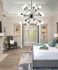Black Modern Sputnik Chandelier With 18 Lights, 360 Degree Adjustable Angles, Vintage Industrial Ceiling Fixture in bedroom