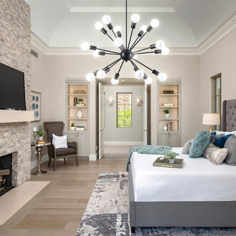 Black Modern Sputnik Chandelier With 18 Lights, 360 Degree Adjustable Angles, Vintage Industrial Ceiling Fixture in bedroom