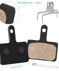 Four Pairs Bike Brake Pads With Essential Installation Tools For MTB Disc Brakes Includes Disc Brake Gap Regulator Hydraulic Piston Press Tool And Hex Wrench Compatible With Tektro Shimano MT200 MT355 MT446 MT315 MT365 And Ebike Disc Brakes shown with dimensions and tools.