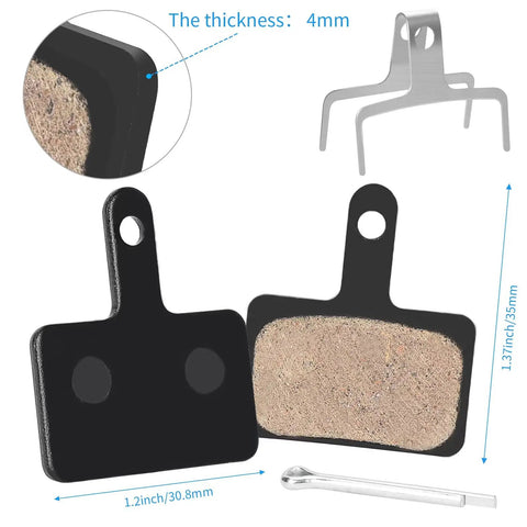 Four Pairs Bike Brake Pads With Essential Installation Tools For MTB Disc Brakes Includes Disc Brake Gap Regulator Hydraulic Piston Press Tool And Hex Wrench Compatible With Tektro Shimano MT200 MT355 MT446 MT315 MT365 And Ebike Disc Brakes shown with dimensions and tools.