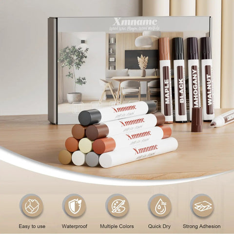 Front view of All In One Wood Filler Sticks Kit With 20 Color Options For Easy Diy Furniture Repair Of Scratches Cracks Nail Holes And Scuffs On Wood Floors Tables Cabinets Doors And Desks with various colored sticks displayed.