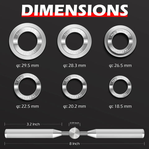 Dimensions of six grooved chuck sizes for All In One Watch Case Opener Tool Kit With Six Grooved Chuck Sizes 18.50Mm 20.20Mm 22.50Mm 26.50Mm For Easy Caseback Removal And Watch Repair, Pro DIY Gear, Compatible With Rolex.