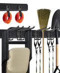Garage Wall Mount Tool Organizer Rack With 6 Adjustable Heavy Duty Hooks, holding gardening tools and chairs, black anthracite finish