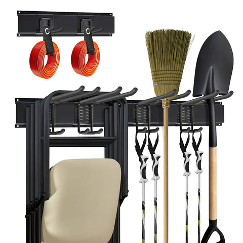Garage Wall Mount Tool Organizer Rack With 6 Adjustable Heavy Duty Hooks, holding gardening tools and chairs, black anthracite finish