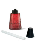 Lit Red White And Blue Glass Tabletop Torches Set Of Three For Outdoor Lighting On Lawn Patio And Garden Weather Resistant With Long Lasting Wick And Snuffer, showing a red glass torch with wick and snuffer.