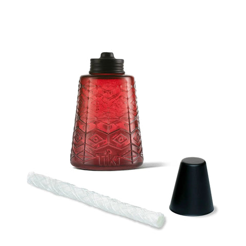 Lit Red White And Blue Glass Tabletop Torches Set Of Three For Outdoor Lighting On Lawn Patio And Garden Weather Resistant With Long Lasting Wick And Snuffer, showing a red glass torch with wick and snuffer.