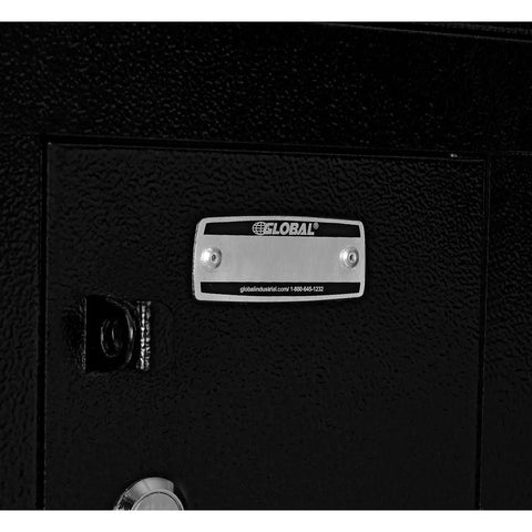 Close-up of Built Different 12 Door Tablet And Cell Phone Locker's metal nameplate and lock, showcasing solid black finish.