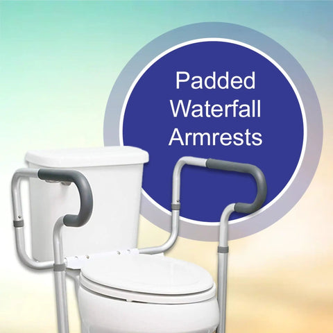 Padded Waterfall Armrests on Adjustable Toilet Safety Frame and Rail for stable support in bathroom. Heavy duty for seniors.