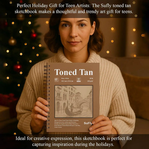 Woman holding Tan Toned Sketchbook For Mixed Media With Sixty Sheets Of 90lb 150gsm Tan Drawing Paper 5.5 By 8.5 Inches