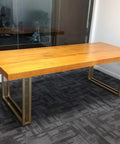 Adjustable Steel Desk Legs Set Of Two, Heavy Duty Premium Iron Construction, metal base supporting wooden table top.