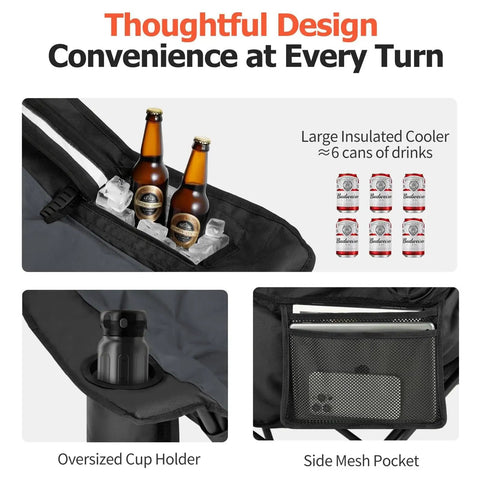 Oversized XL Camping Chair for Adults With 400 Pound Capacity Heavy Duty Padded Folding Seat Side Pocket Cup Holder Cooling Bag Included